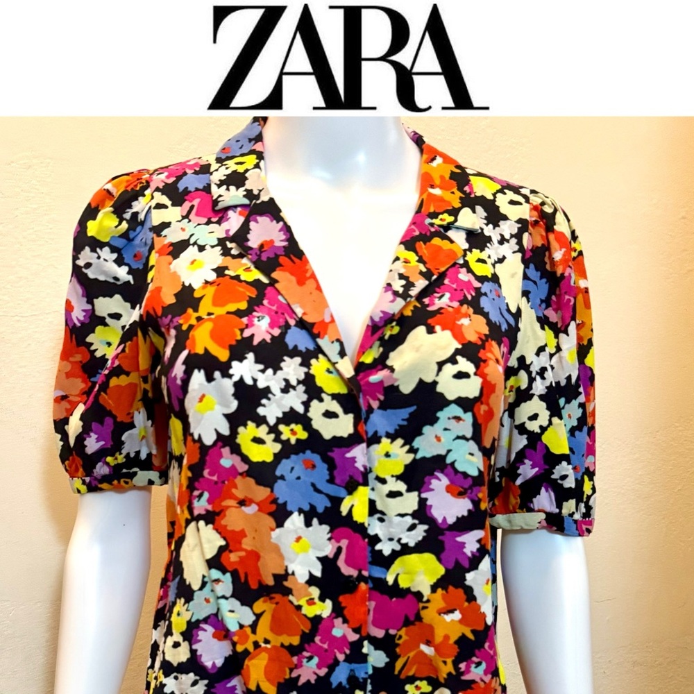 ZARA Multicolor Floral Puff Sleeve Crop Blouse – size XS
